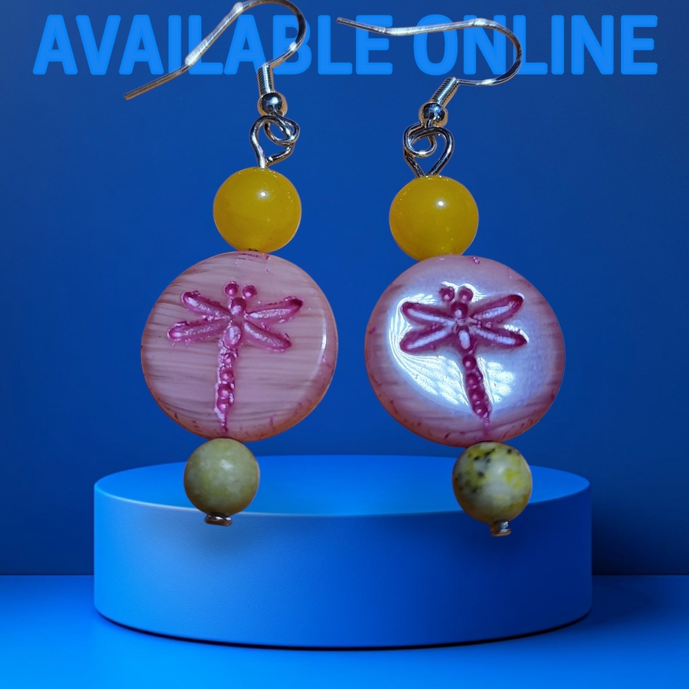 Handmade Pink Dragonfly Czech Glass Dangle Earrings with Yellow and Green Beads